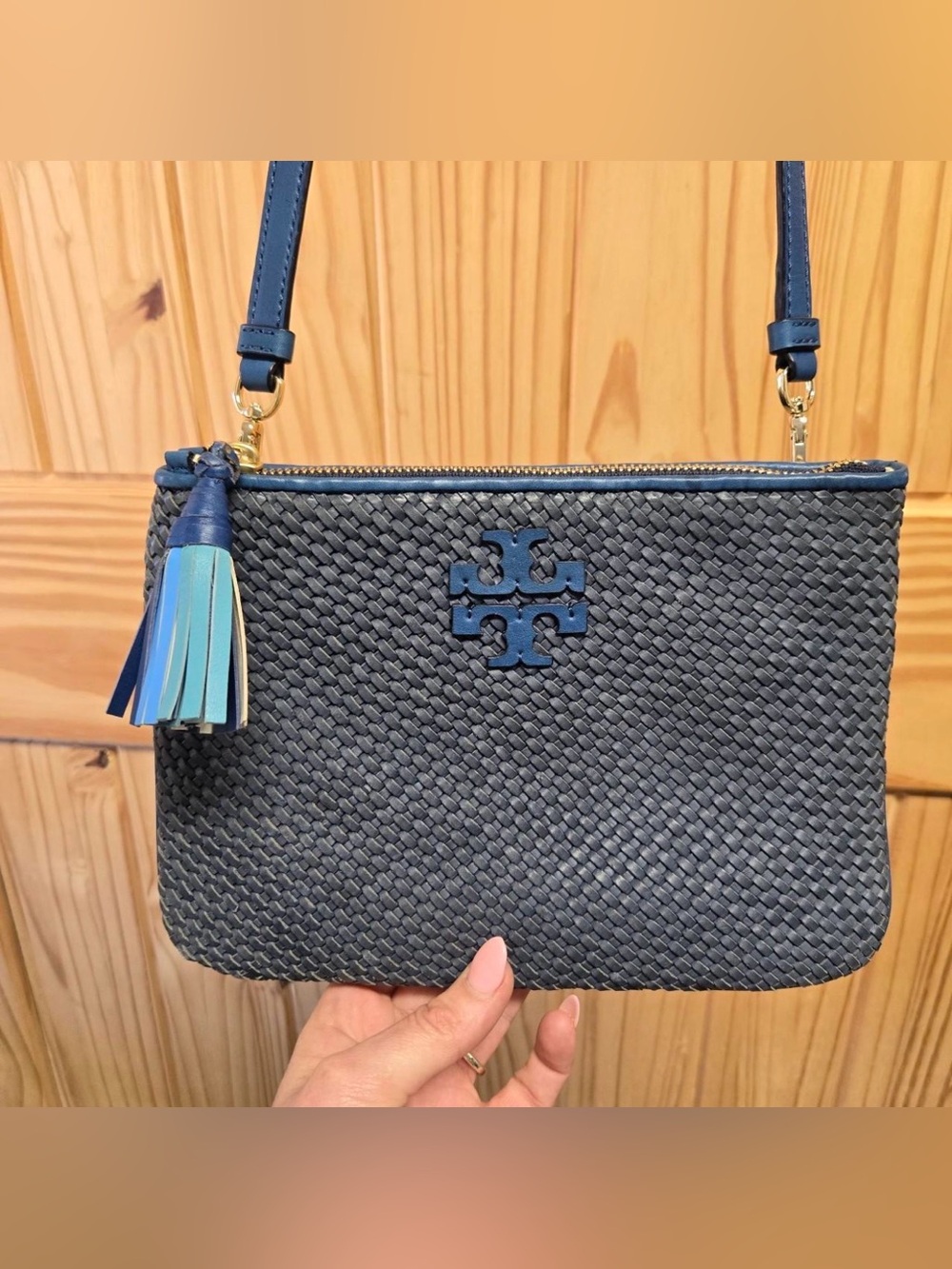 Tory Burch Navy Woven Leather Crossbody - Picture 6 of 8